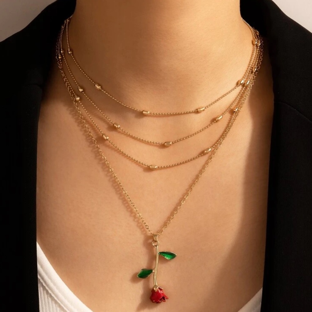 Dangly Rose Charm 4 layer gold necklace